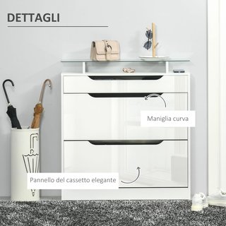 Zapatero Slim Ahorra Espacio Con 2 Puertas Abatibles Y Cajón, Zapatero De Entrada De Vidrio Con Estantes Ajustables En 2 Niveles, Porta Zapatos Para 16 Pares Con Asa, 89X23X96Cm, Blanco Brillante