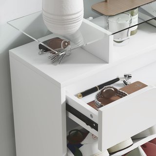 Zapatero Slim Ahorra Espacio Con 2 Puertas Abatibles Y Cajón, Zapatero De Entrada De Vidrio Con Estantes Ajustables En 2 Niveles, Porta Zapatos Para 16 Pares Con Asa, 89X23X96Cm, Blanco Brillante