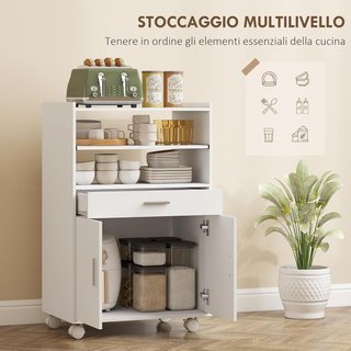 Carro Microondas con Ruedas, Credenza de Cocina con Cajón, Superficie para Electrodomésticos, Armario de 2 Puertas, Estante Extraíble y Estante Abierto, Carrito de Cocina para Sala de Estar, 59X40...