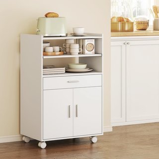 Carro Microondas con Ruedas, Credenza de Cocina con Cajón, Superficie para Electrodomésticos, Armario de 2 Puertas, Estante Extraíble y Estante Abierto, Carrito de Cocina para Sala de Estar, 59X40...