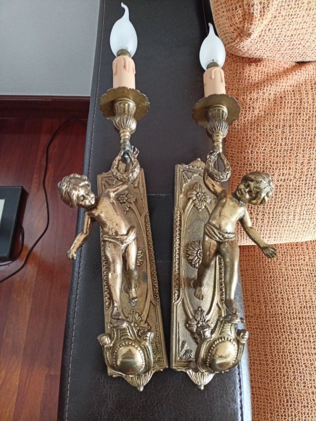 Pareja Lámparas Querubín Vintage Bronce Italia