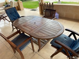 Mesa y 4 Sillas Teca con Cojines Azules