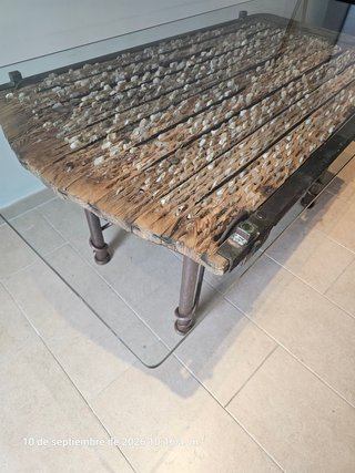 Mesa de centro trillo antiguo forja y cristal