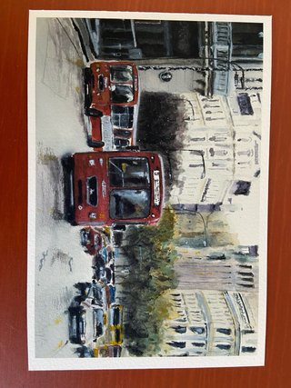 Postal Autobuses Madrid Acuarela