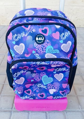 MOCHILA ESCOLAR B4U CON CARRO BUSQUETS - ROSA/AZUL