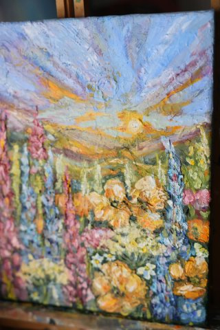 Cuadro Óleo Flores y Paisaje.