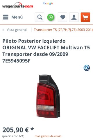 Piloto trasero izquierdo VW T5.1 facelift ahumado