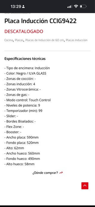 Placa Inducción Corberó CCIG9422 4 Zonas