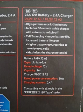 Batería Parkside 12V 2Ah + Cargador 2.4A