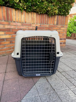 Transportín para perro gris y blanco