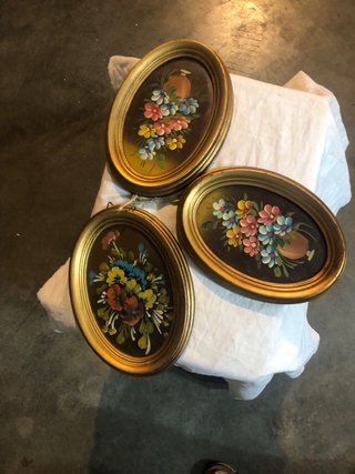 Set 3 Quadri dipinti Floreali Ovale Dorato