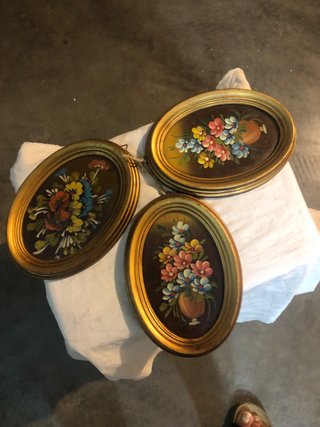 Set 3 Quadri dipinti Floreali Ovale Dorato