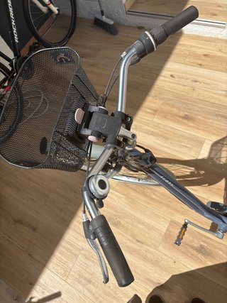 Bicicleta azul grisáceo con doble cesta