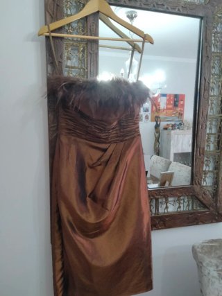 Vestido marrón y dorado con plumas