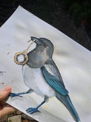 A4 Disegno acquerello Gazza Ladra Gioiello surreal