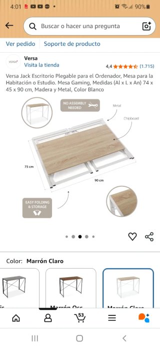 Mesa Escritorio Plegable Versa Madera y Metal