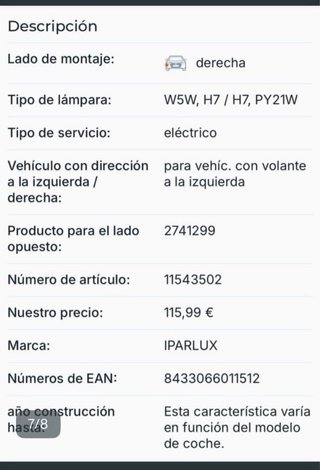 Faro delantero Derecho Peugeot 406 (95-05)