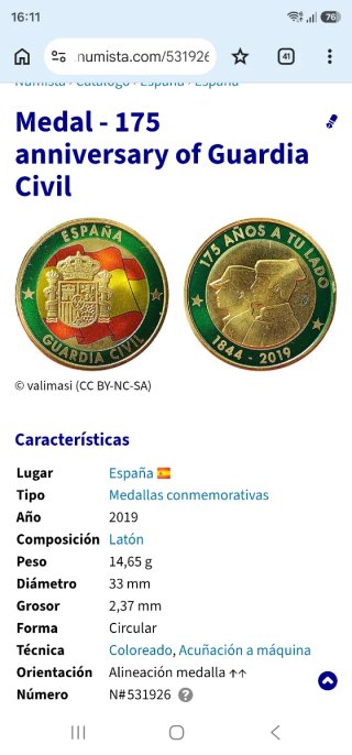 Medalla conmemorativa 175 aniv. Guardia Civil