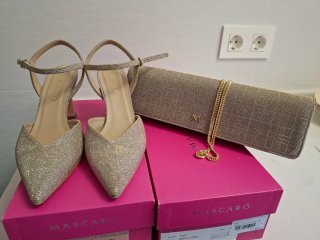 Zapatos y bolso fiesta Mascaró dorados/plateados 3