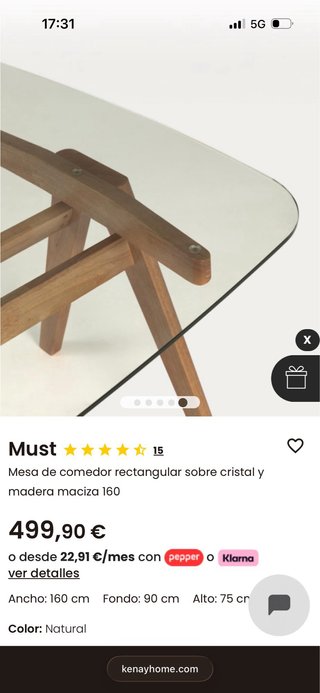 Mesa Comedor Cristal y Madera. Marca Kenay
