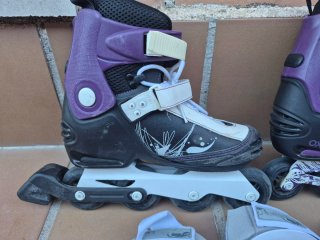 Patines en línea Oxelo morados y protecciones