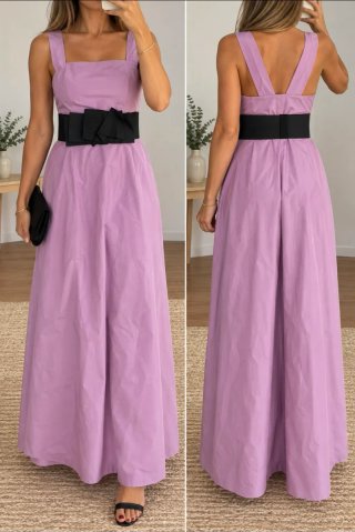 Vestido largo Tintoretto malva con fajín negro