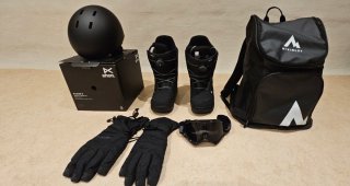 Casco, botas, guantes, gafas y bolsa snowboard
