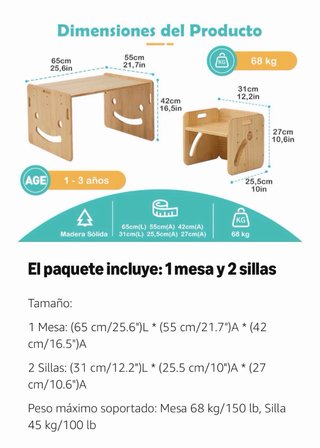 Mesa y 2 Sillas Montessori Madera Maciza