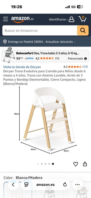 Trona bebé blanca y madera