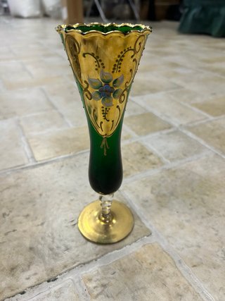 Florero Vintage Cristal Verde Bohemia Oro