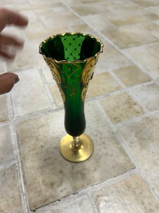 Florero Vintage Cristal Verde Bohemia Oro