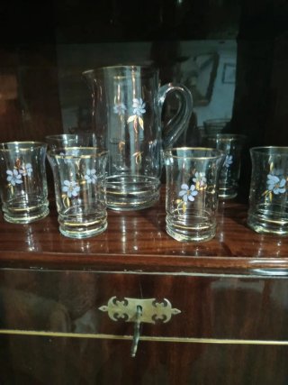 Juego Jarra y Vasos Antiguos Flores Doradas