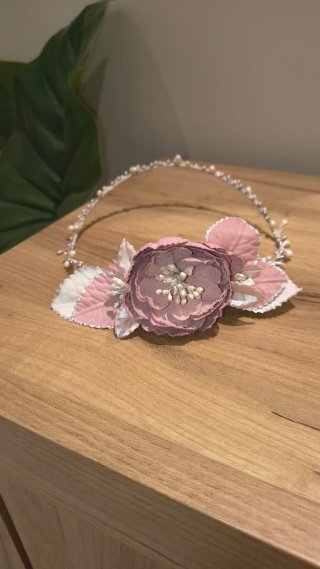 Diadema Comunión Corona Flores Rosa Blanco