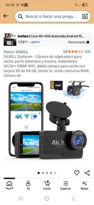 Dashcam 4K Ultra HD + Trasera + SD 64GB