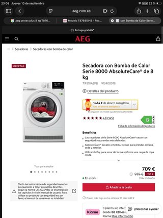 Nuevo Secadora AEG Protex Plus 8kg