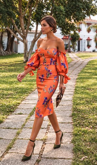 Vestido Bardot Naranja Floral True Violet