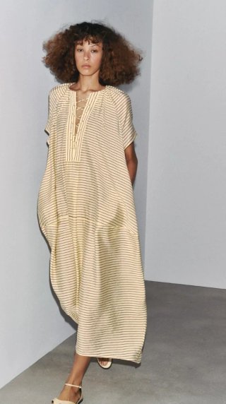 Vestido Kaftán Zara Rayas Beige Talla XS