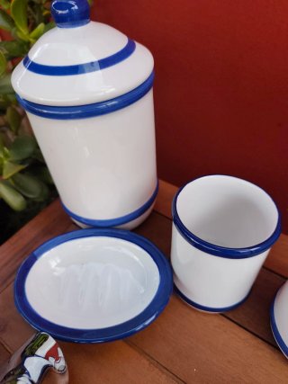 Set Accesorios Baño Cerámica Azul y Blanco