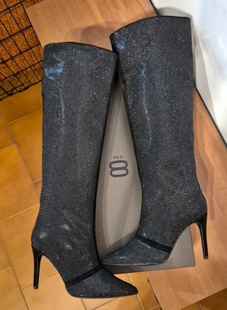 Stivali alti con tacco, pelle, borchie, nero, n.41