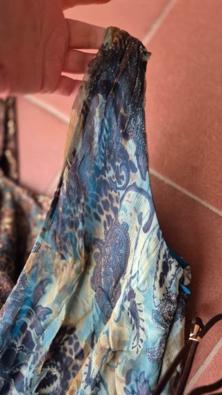 Abito lungo fantasia blu e marrone in seta