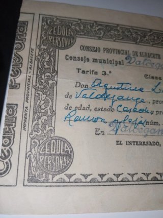 DOCUMENTO  Guerra Civil Albacete 1938 CEDULA .