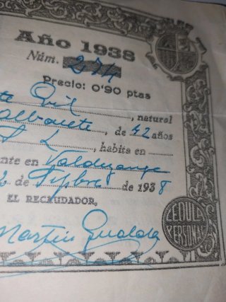 DOCUMENTO  Guerra Civil Albacete 1938 CEDULA .
