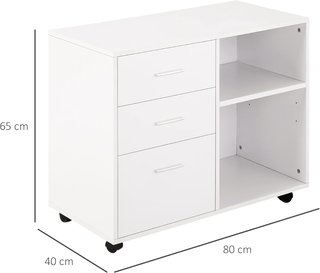 Mobile Porta Stampante Con 3 Cassetti in Legno, Mobile Multiuso da Ufficio Con 4 Ruote e Ripiani Aperti, 80X40X65Cm, Bianco