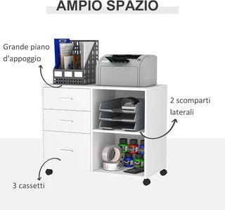 Mobile Porta Stampante Con 3 Cassetti in Legno, Mobile Multiuso da Ufficio Con 4 Ruote e Ripiani Aperti, 80X40X65Cm, Bianco