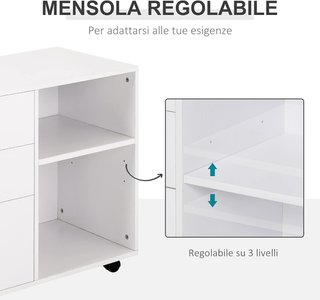 Mobile Porta Stampante Con 3 Cassetti in Legno, Mobile Multiuso da Ufficio Con 4 Ruote e Ripiani Aperti, 80X40X65Cm, Bianco