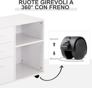 Mobile Porta Stampante Con 3 Cassetti in Legno, Mobile Multiuso da Ufficio Con 4 Ruote e Ripiani Aperti, 80X40X65Cm, Bianco