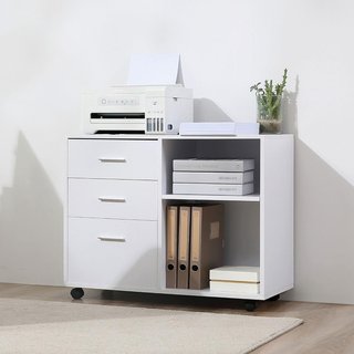 Mobile Porta Stampante Con 3 Cassetti in Legno, Mobile Multiuso da Ufficio Con 4 Ruote e Ripiani Aperti, 80X40X65Cm, Bianco