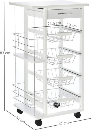 Carrito De Cocina Ahorra Espacio en Madera Blanca, Carro de Comida Con 1 Superficie de Trabajo 1 Cajón Y 4 Cestos Metálicos, 47X37X83Cm