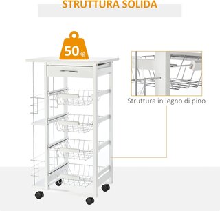 Carrito De Cocina Ahorra Espacio en Madera Blanca, Carro de Comida Con 1 Superficie de Trabajo 1 Cajón Y 4 Cestos Metálicos, 47X37X83Cm