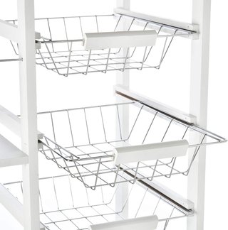 Carrito De Cocina Ahorra Espacio en Madera Blanca, Carro de Comida Con 1 Superficie de Trabajo 1 Cajón Y 4 Cestos Metálicos, 47X37X83Cm
